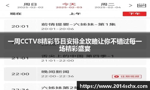 一周CCTV8精彩节目安排全攻略让你不错过每一场精彩盛宴